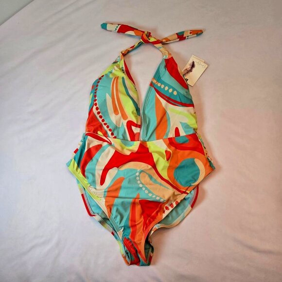 JESSICA SIMPSON Women's Plunge Neck One Piece Swimsuit Sz: S Multi Color - Picture 2 of 12